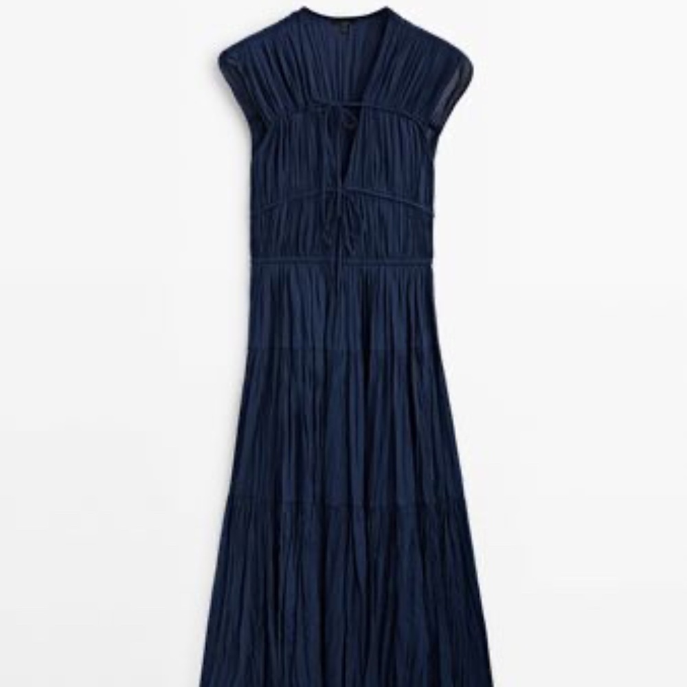 Massimo Dutti Navy Blue Pleated Maxi Dress